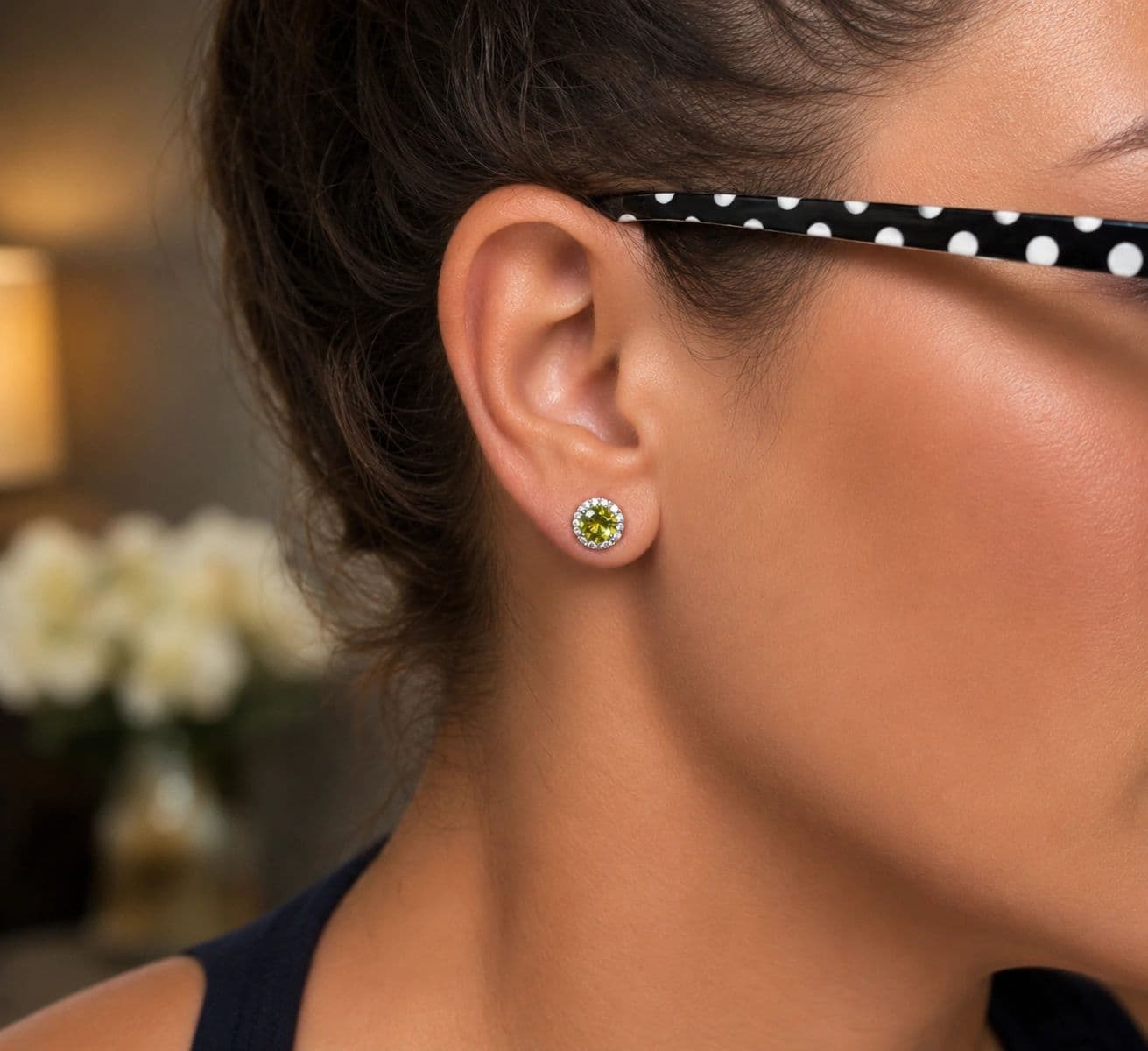 6 mm Paridot studs with CZ Halo, view 1